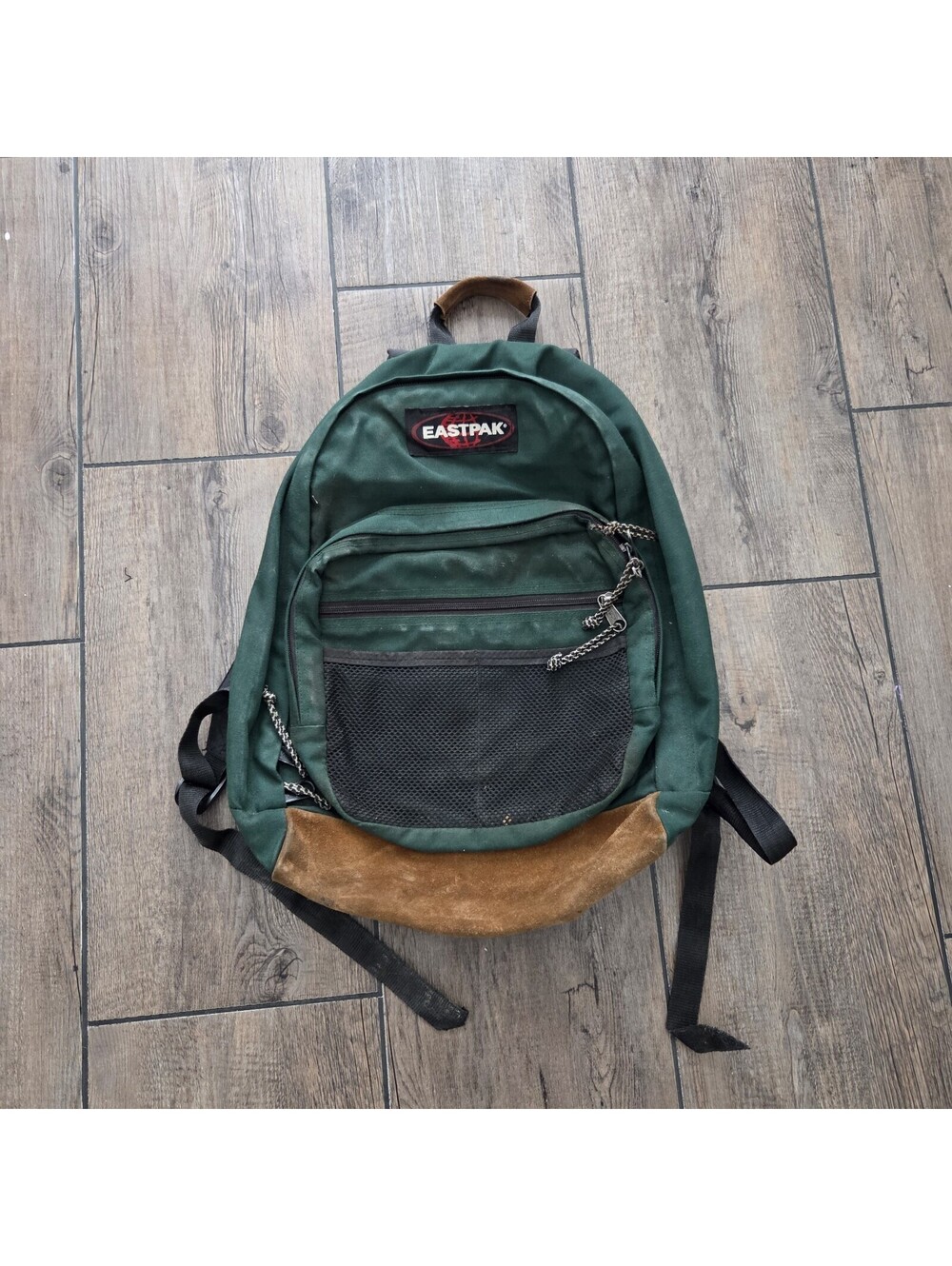 Vintage Eastpak USA Green Backpack Made in USA 90s Suede Leather Bottom